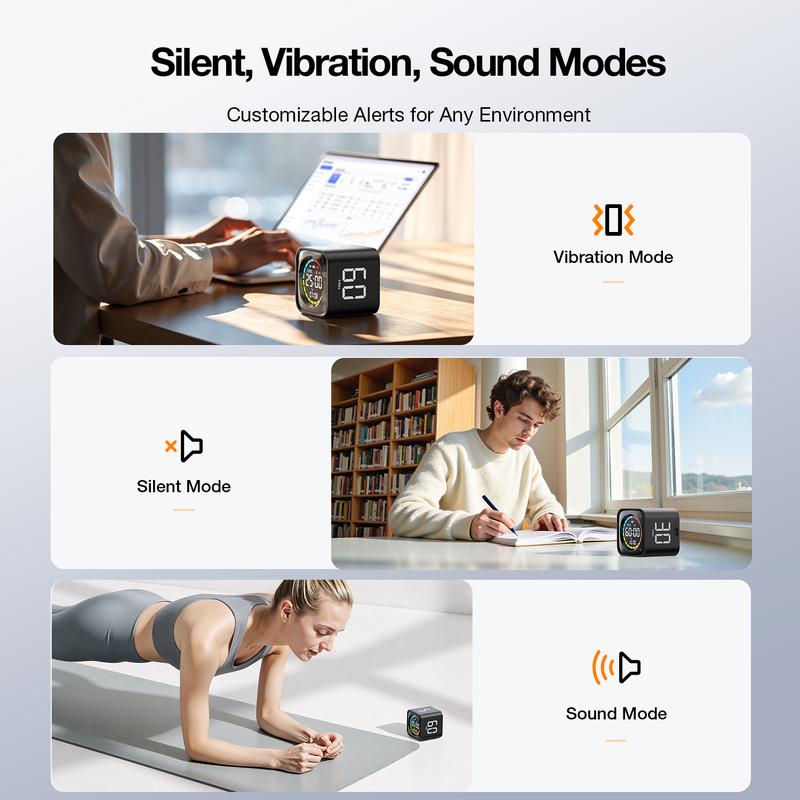 Productivity Timer Cube, Pomodoro Clock with Presets, Silent Vibration & Sound Alerts for Study