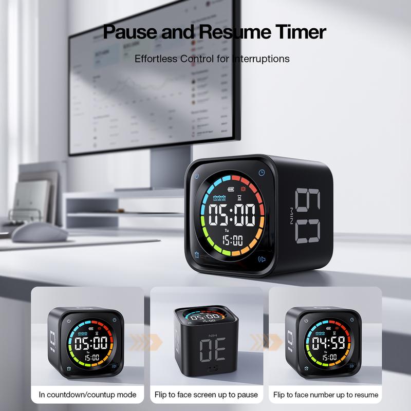Productivity Timer Cube, Pomodoro Clock with Presets, Silent Vibration & Sound Alerts for Study